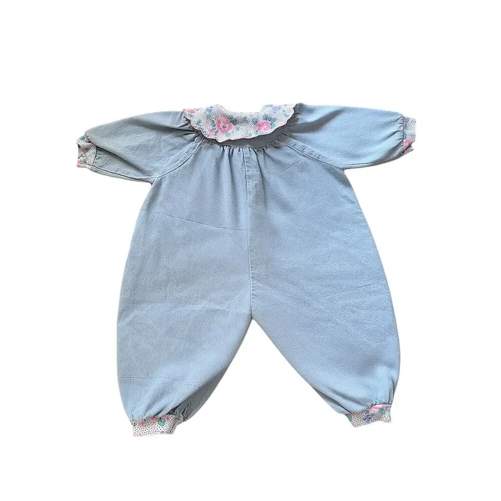Vintage Little Me Blue Chambray Floral Collar Baby Romper | 6–9 Months
